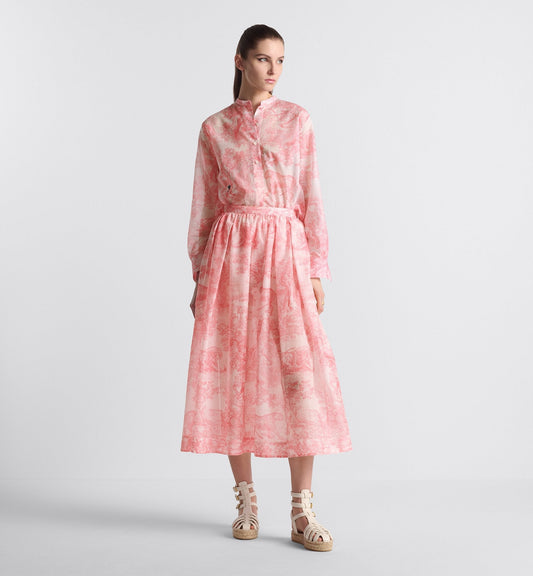 Luxury Dioriviera Flared Mid Length Skirt White And Candy Pink Cotton Muslin With Toile De Jouy Sauvage Motif
