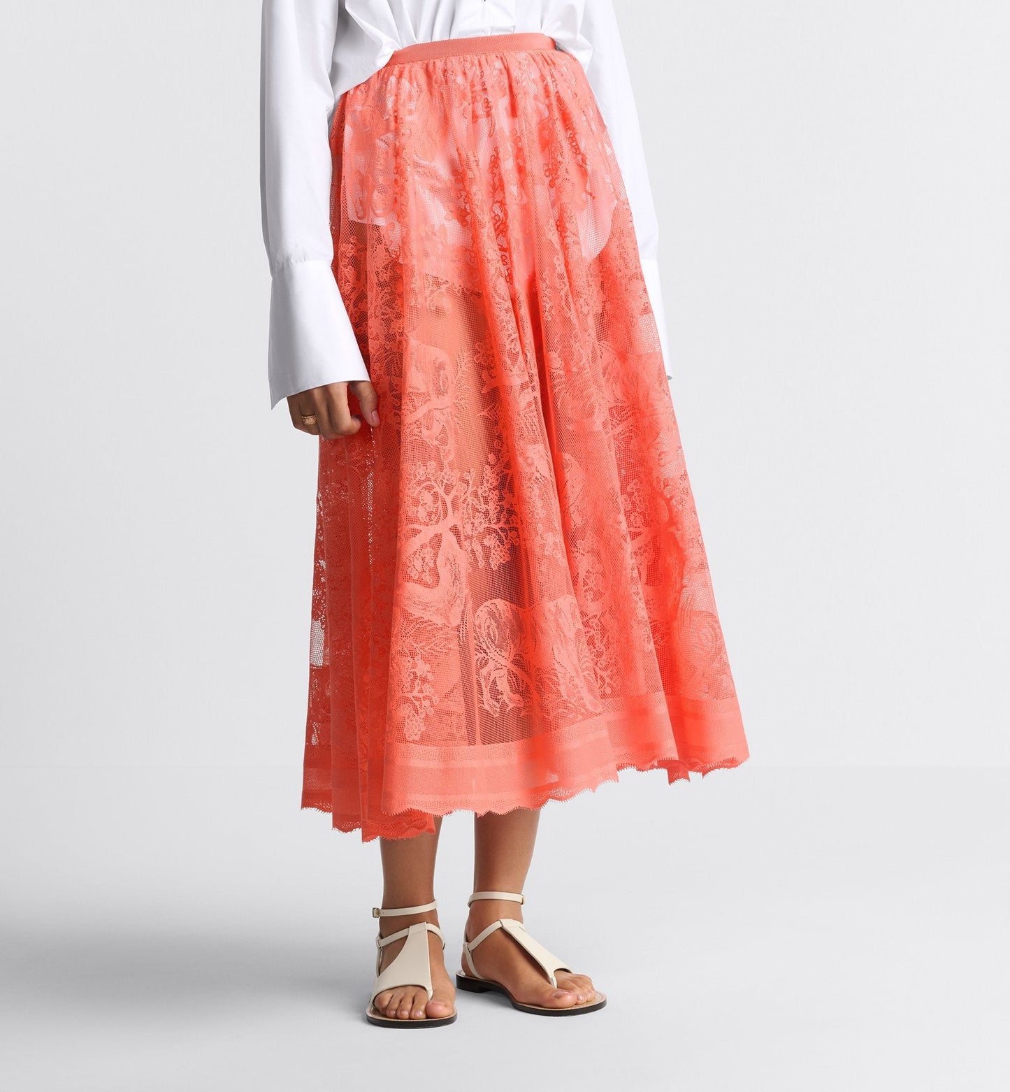 Luxury Dioriviera Flared Mid Length Skirt Coral Technical Cotton Lace