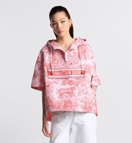 Luxury Dioriviera Short Sleeved Cropped Anorak With Hood White And Coral Technical Taffeta Jacquard With Toile De Jouy Sauvage Motif