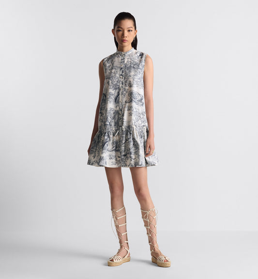 Luxury Dioriviera Straight Ruffled Dress White And Navy Blue Cotton And Silk Poplin With Toile De Jouy Sauvage Motif