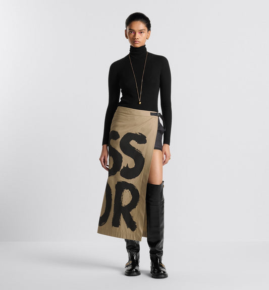 Cannage Mid Length Open Front Skirt With Integrated Shorts Beige Cotton Gabardine With Black Miss Luxury Dior Graffiti Motif