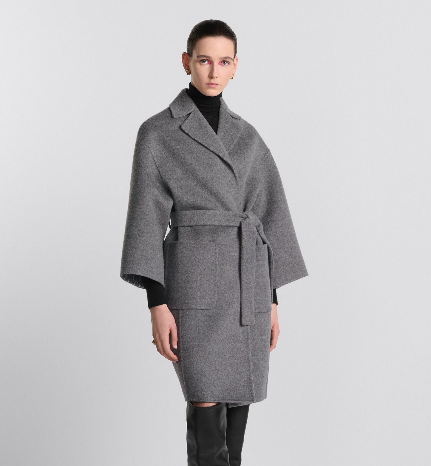 Coat With Belt Gray Double Sided Virgin Wool And Silk With Miss Luxury Dior Allover Interior