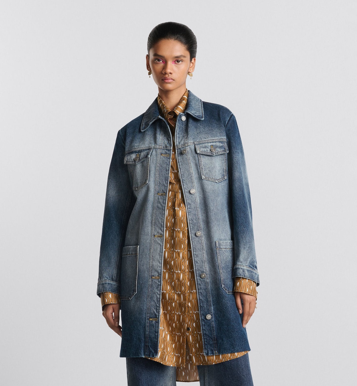 Long Belted Jacket Blue Stonewashed Cotton Denim With Luxury Dior Oblique Interior
