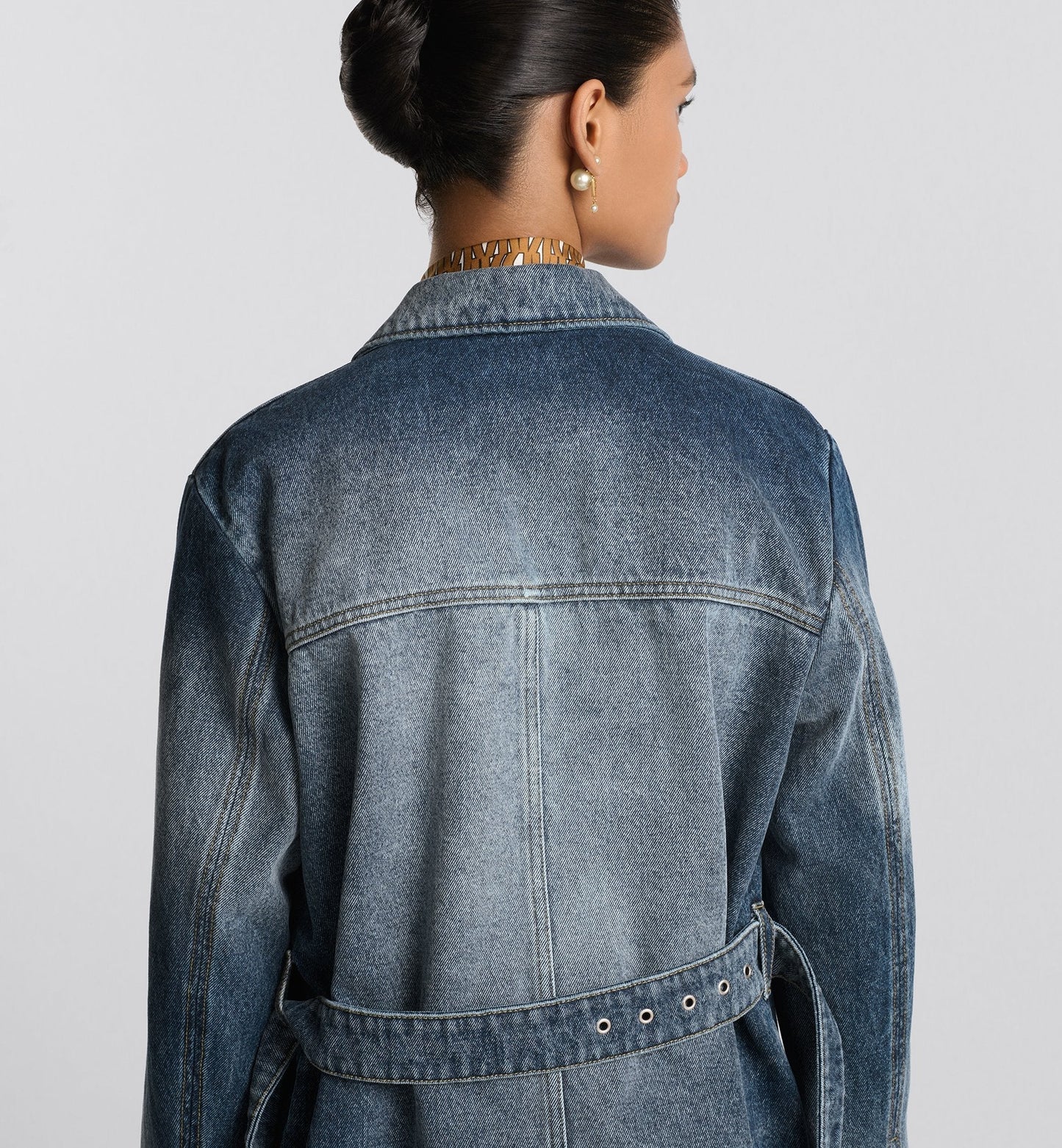 Long Belted Jacket Blue Stonewashed Cotton Denim With Luxury Dior Oblique Interior