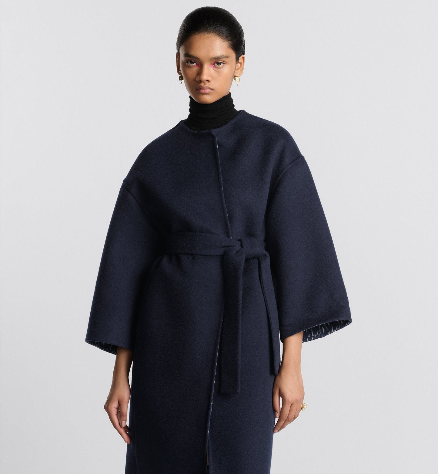 Coat With Belt Navy Blue Double Sided Virgin Wool And Silk With Miss Luxury Dior Allover Interior