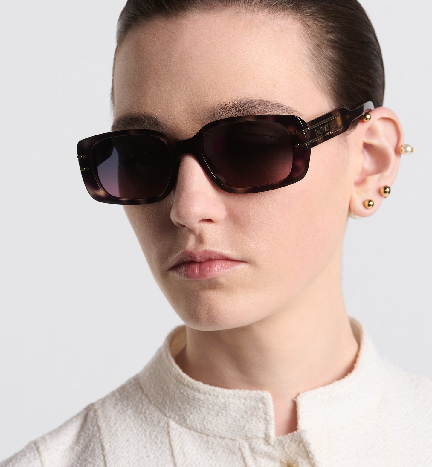 Luxury Diorsignature S12I Light Gray Tortoiseshell Effect Rectangular Sunglasses