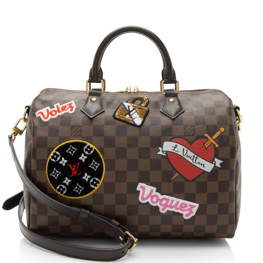 Louis Vuitton Limited Edition Damier Ebene Patches Speedy Bandouliere 30 Satchel (SHF-d85oKm)