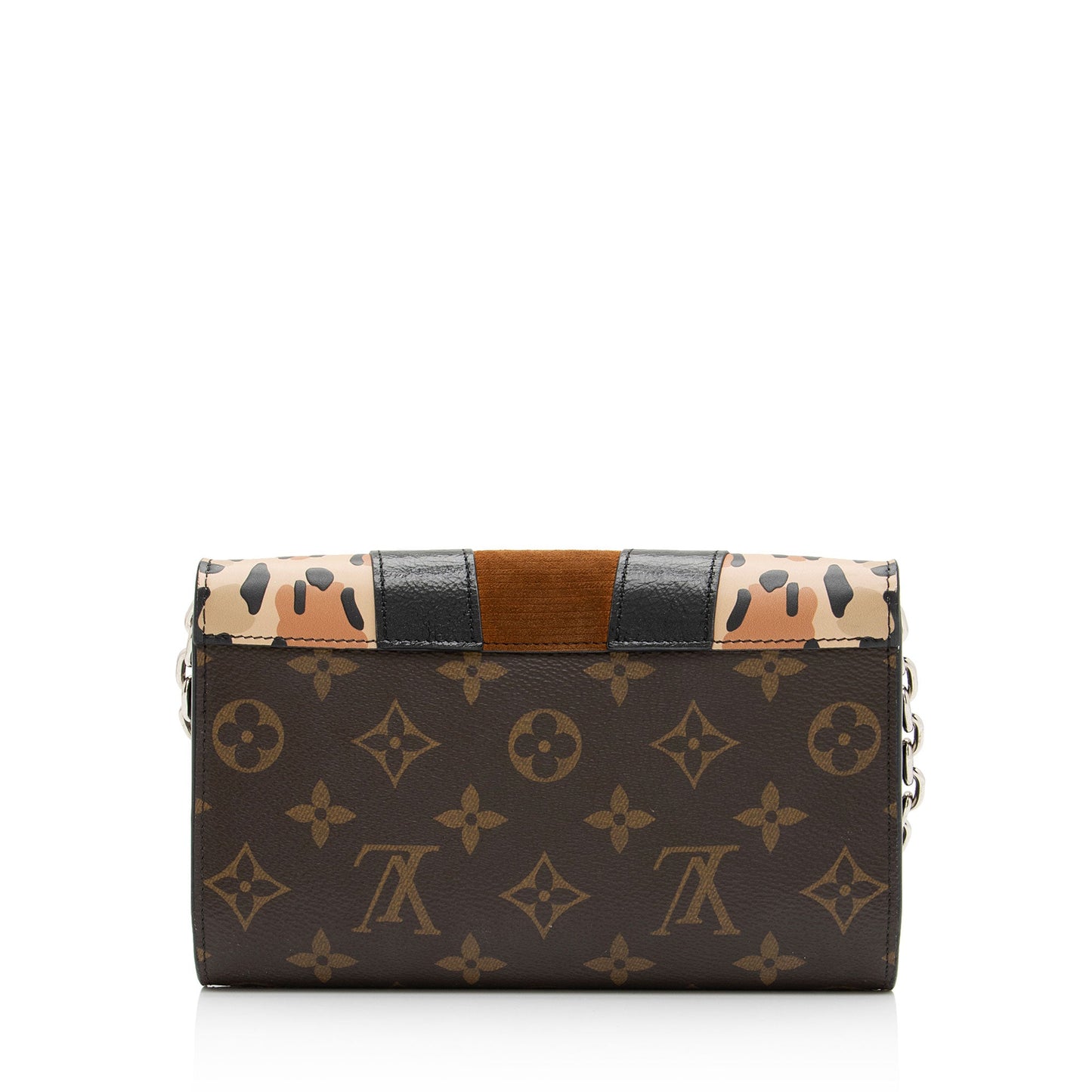 Louis Vuitton Suede Calfskin Wild Leopard Print Twist Chain Wallet (SHF-640zA2)