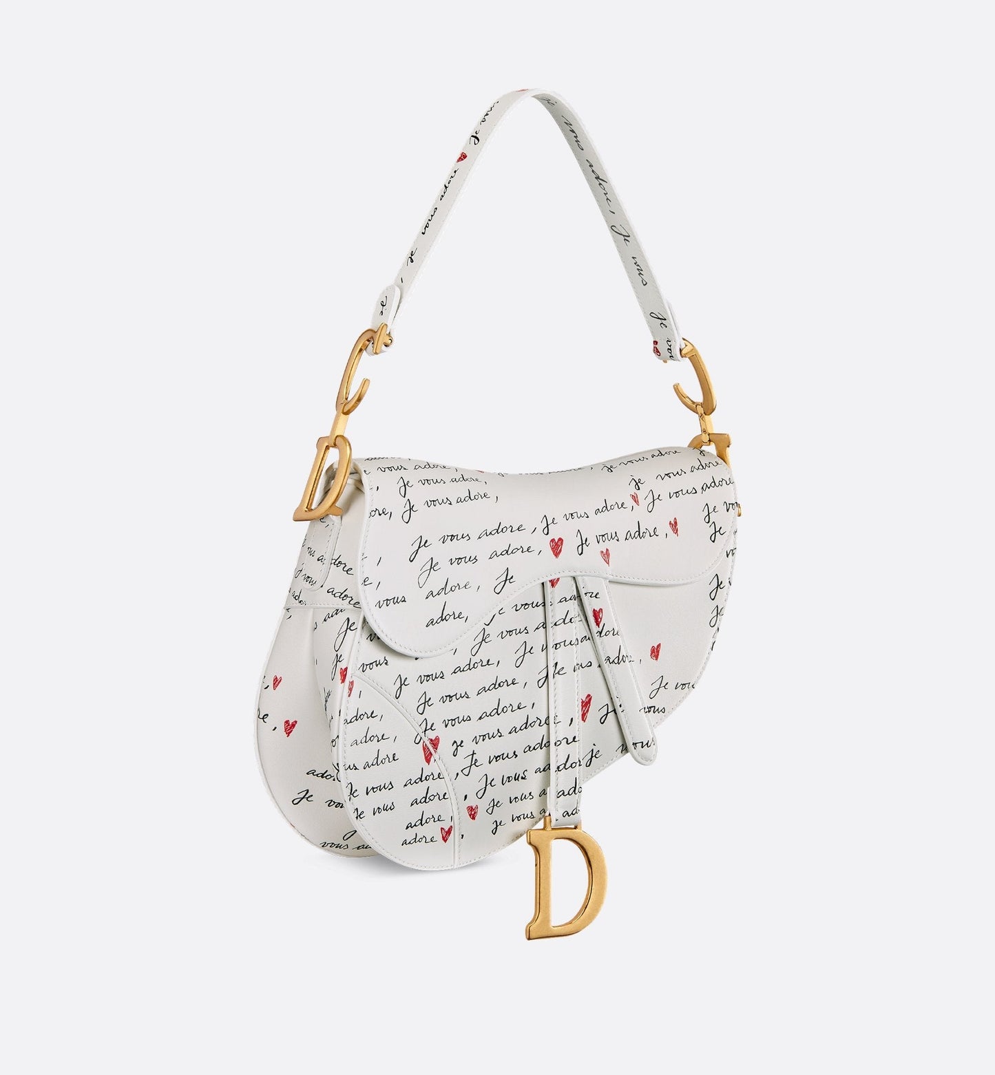 Luxury Dioramour Saddle Bag With Strap White Calfskin With Black And Red Je Vous Adore Print