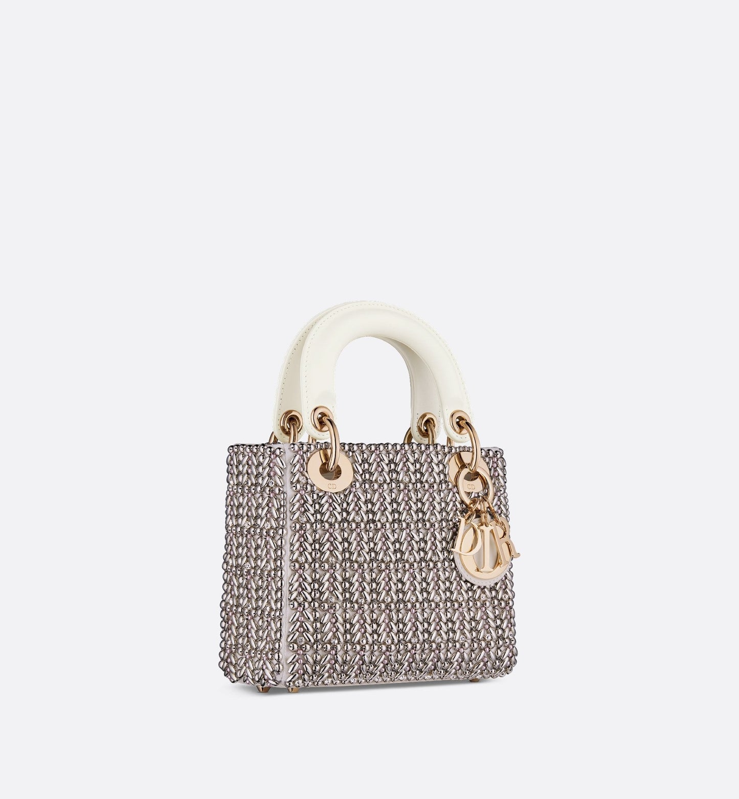 Mini Lady Luxury Dior Bag Latte Cotton Embroidered With Silver-Tone Crystals And Beads