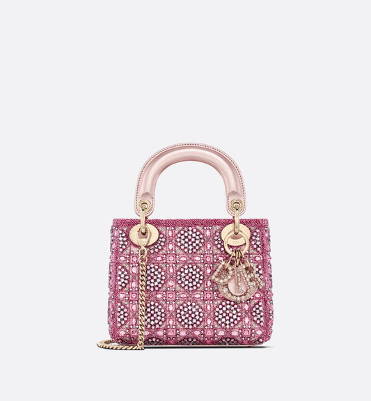 Mini Lady Luxury Dior Bag Metallic Calfskin And Satin With Rose Des Vents Resin Pearl Embroidery
