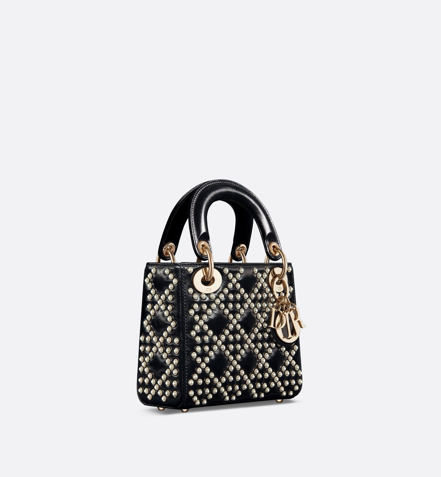 Mini Lady Luxury Dior Bag Black Crinkle-Effect Lambskin With White Resin Half-Pearl Cannage Motif