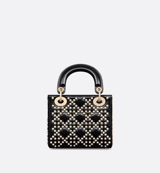 Mini Lady Luxury Dior Bag Black Crinkle-Effect Lambskin With White Resin Half-Pearl Cannage Motif
