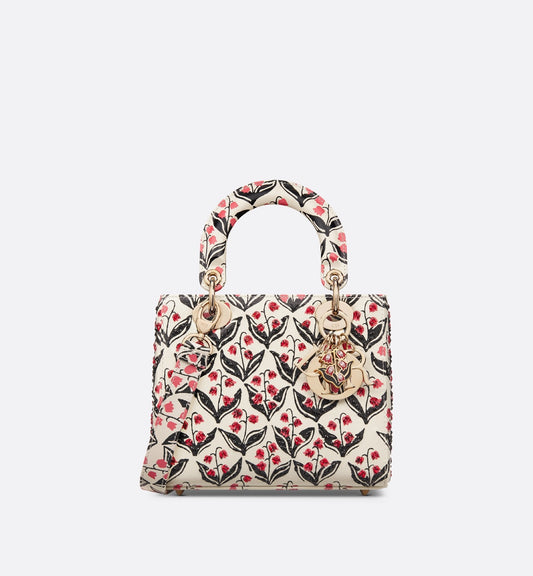 Luxury Dioramour Small Lady Luxury Dior Bag White Calfskin With Black And Red Luxury Dior Lily Of The Valley Print And Embroidery