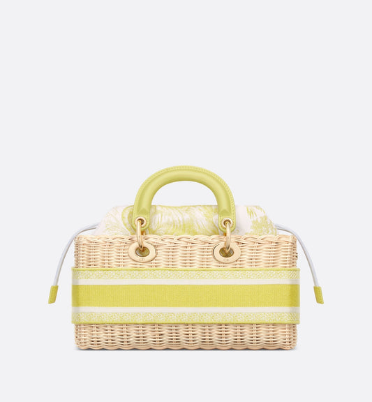 Medium Luxury Dioriviera Lady D-Joy Bag Natural Wicker And Lemon Yellow Toile De Jouy Jacquard