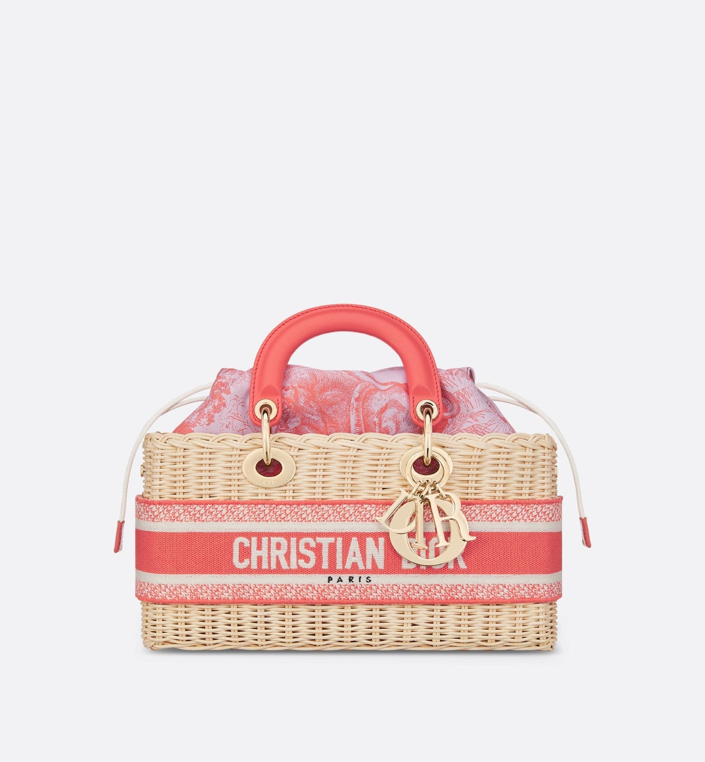 Medium Luxury Dioriviera Lady D-Joy Bag Natural Wicker And Coral Toile De Jouy Jacquard