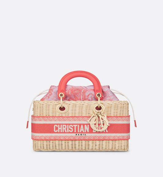 Medium Luxury Dioriviera Lady D-Joy Bag Natural Wicker And Coral Toile De Jouy Jacquard
