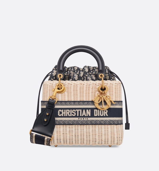 Medium Lady Luxury Dior Bag Natural Wicker And Blue Luxury Dior Oblique Jacquard