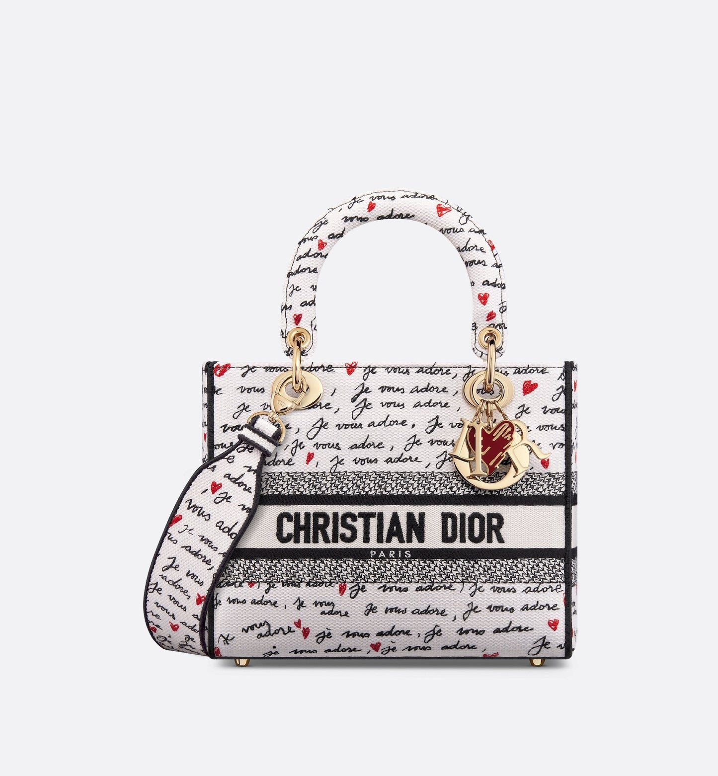 Luxury Dioramour Medium Lady D-Lite Bag White Embroidery With Black And Red Je Vous Adore Motif