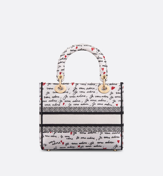 Luxury Dioramour Medium Lady D-Lite Bag White Embroidery With Black And Red Je Vous Adore Motif