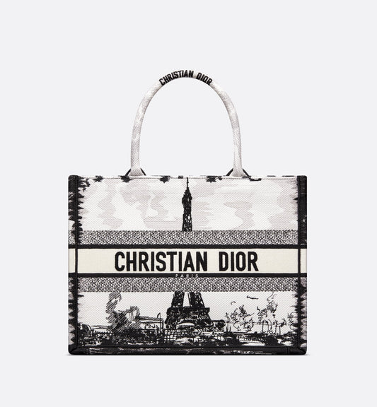 Medium Luxury Dior Book Tote White And Black Paris Embroidery