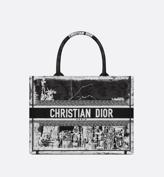 Medium Luxury Dior Book Tote White And Black New York Embroidery