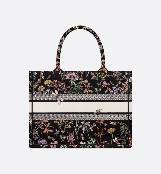 Medium Luxury Dior Book Tote Black Multicolor Luxury Dior Herbarium Embroidery