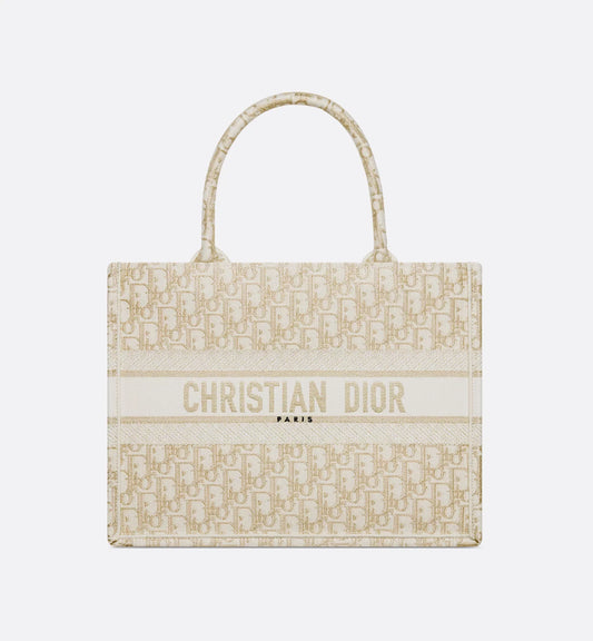Medium Luxury Dior Book Tote White and Gold-Tone Luxury Dior Oblique Embroidery