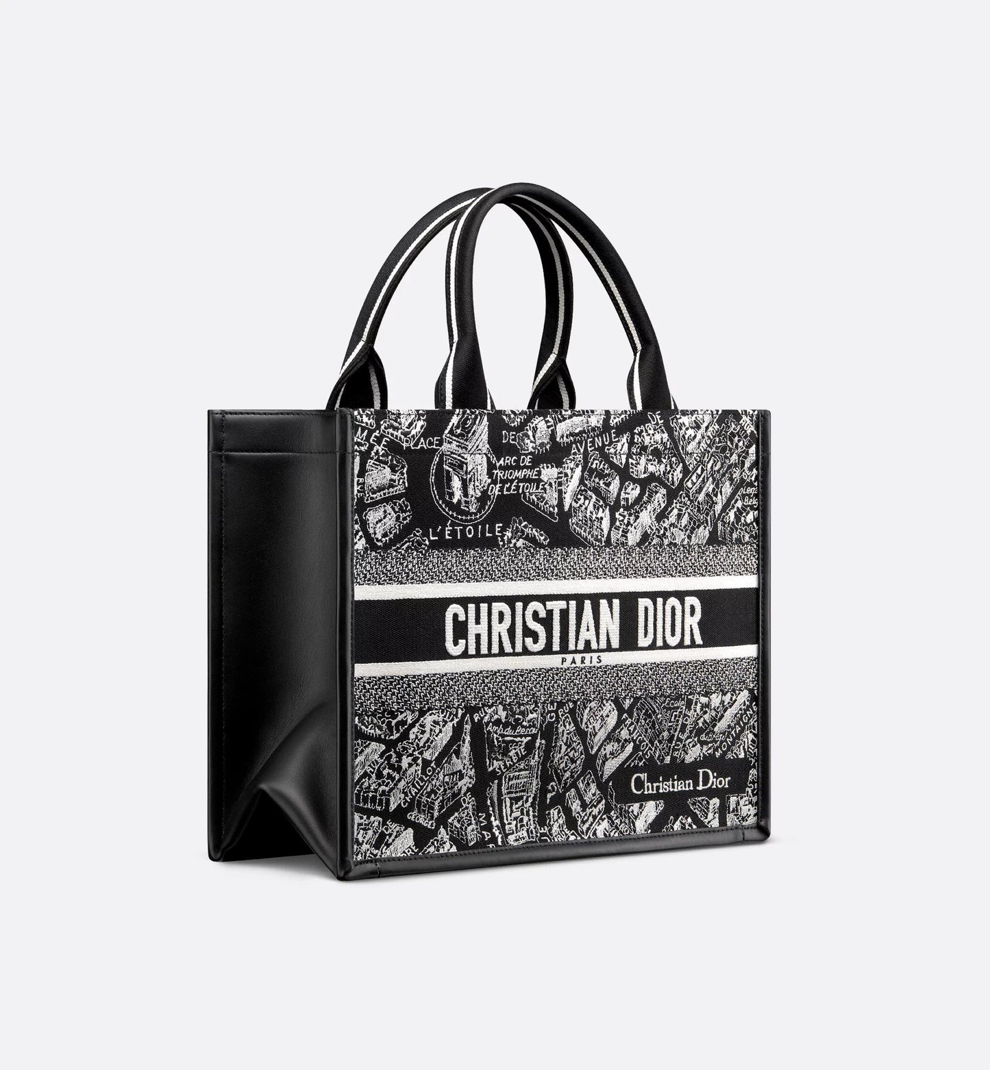 Medium Luxury Dior Book Tote Black and White Plan de Paris Embroidery with Black Calfskin