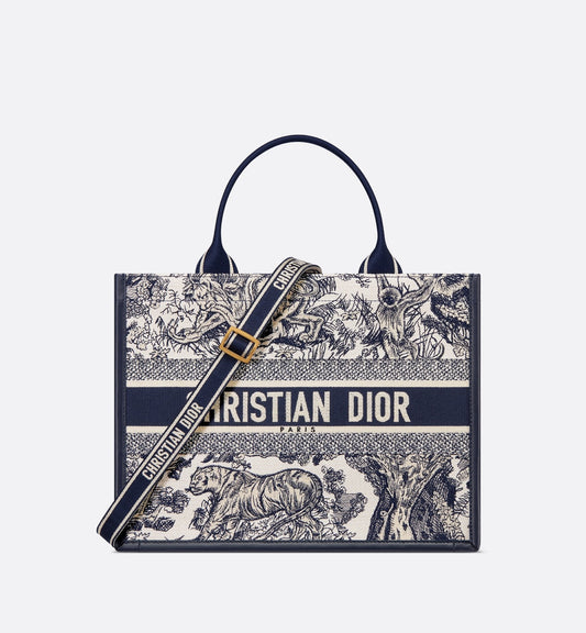 Medium Luxury Dior Book Tote White And Navy Blue Toile De Jouy Sauvage Embroidery With Navy Blue Calfskin
