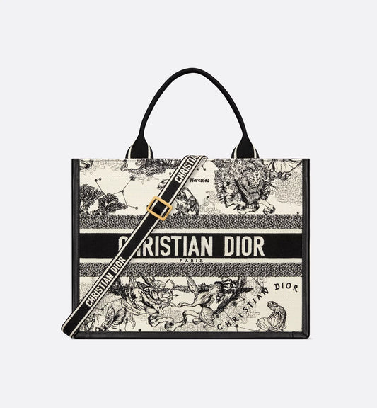 Medium Luxury Dior Book Tote Latte and Black Luxury Dior Zodiac Embroidery with Black Calfskin