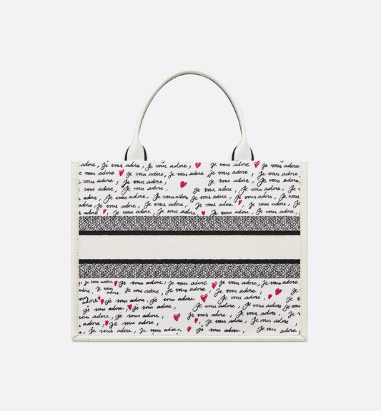 Luxury Dioramour Medium Luxury Dior Book Tote White Embroidery with Black and Red Je Vous Adore Motif and White Calfskin