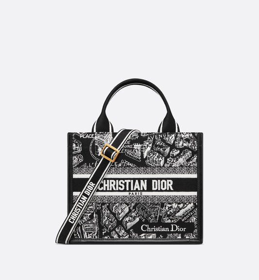 Small Luxury Dior Book Tote Black And White Plan De Paris Embroidery With Black Calfskin