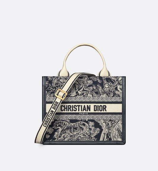 Small Luxury Dior Book Tote Blue And Ecru Toile De Jouy Reverse Embroidery And Blue Calfskin