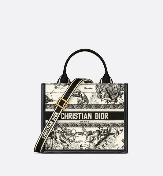 Small Luxury Dior Book Tote Latte And Black Luxury Dior Zodiac Embroidery With Black Calfskin