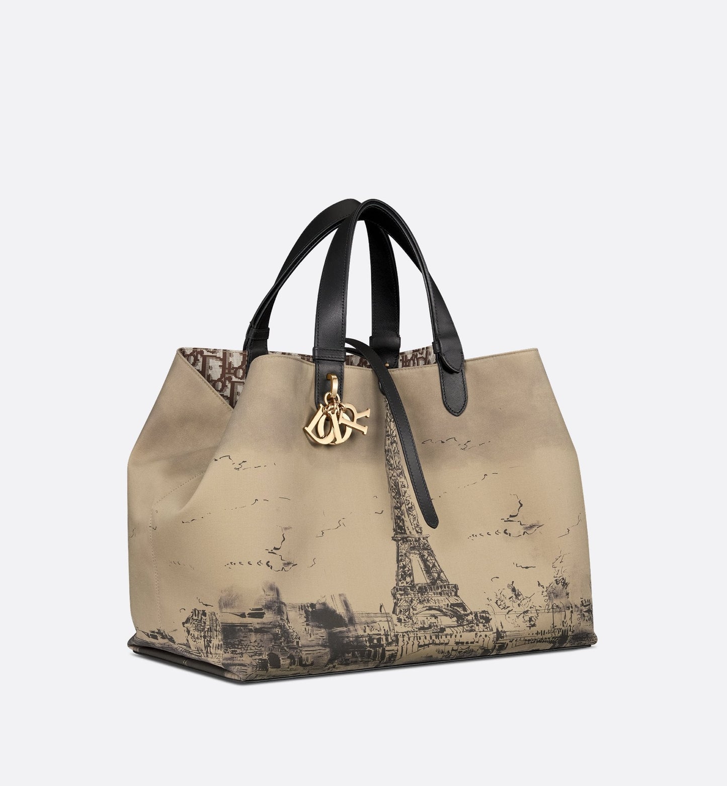 Large Luxury Dior Toujours Bag Beige And Black Water Repellent Fabric With Paris Print