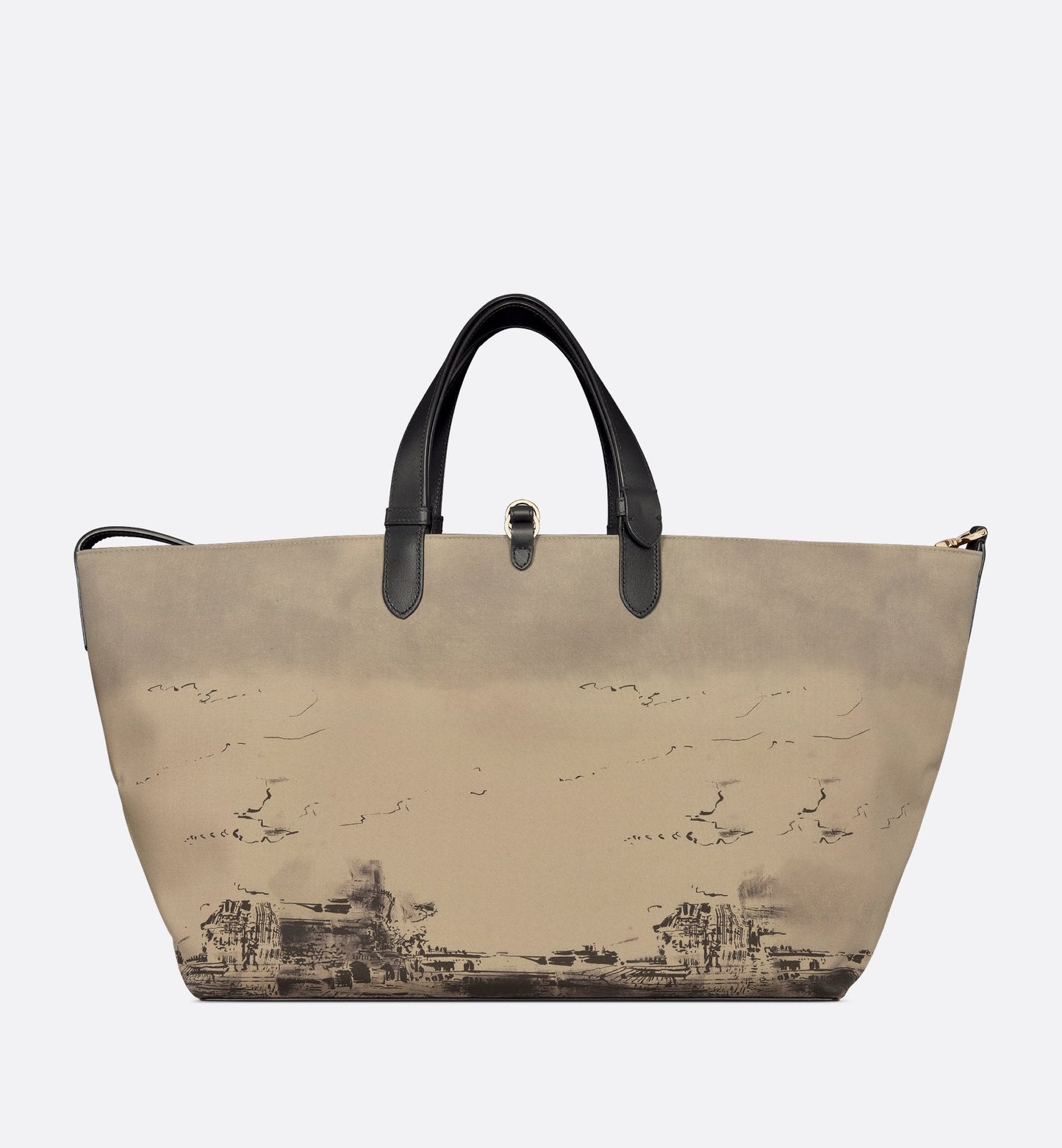 Large Luxury Dior Toujours Bag Beige And Black Water Repellent Fabric With Paris Print