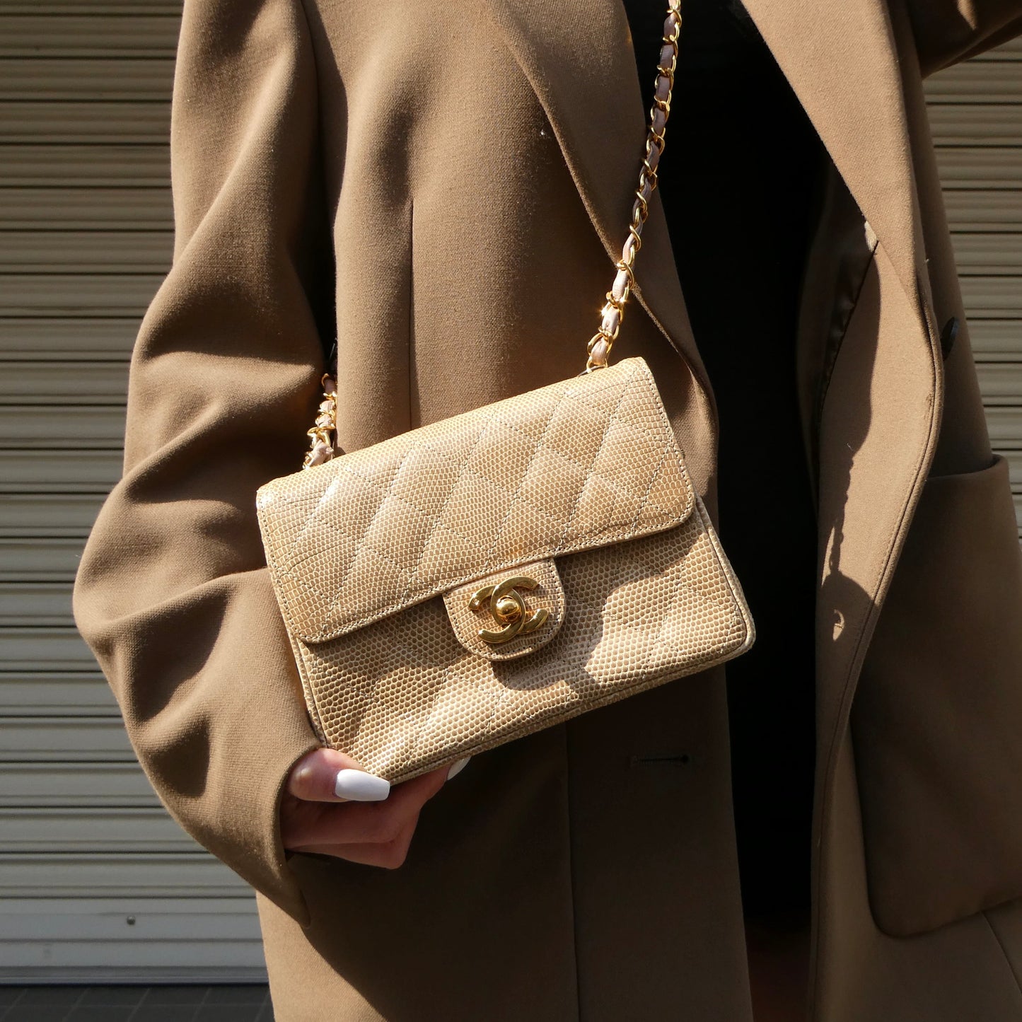 CHANEL 1991-1994 Classic Square Flap Mini Beige Lizard 47683