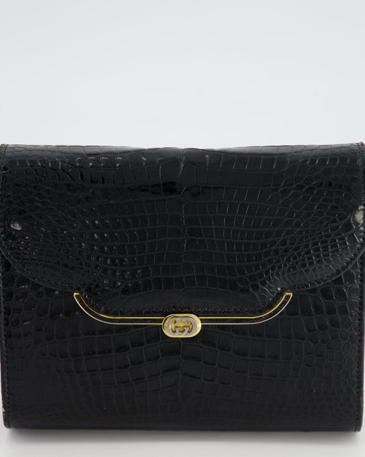 Luxury Gucci Vintage Black Crocodile Leather GG Clutch Bag