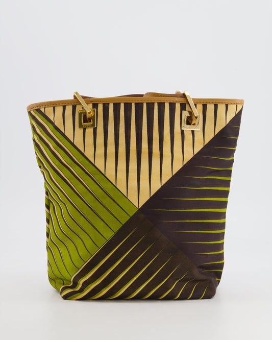 Luxury Gucci Vintage Green and Brown Printed Mini Tote Bag with Gold Hardware