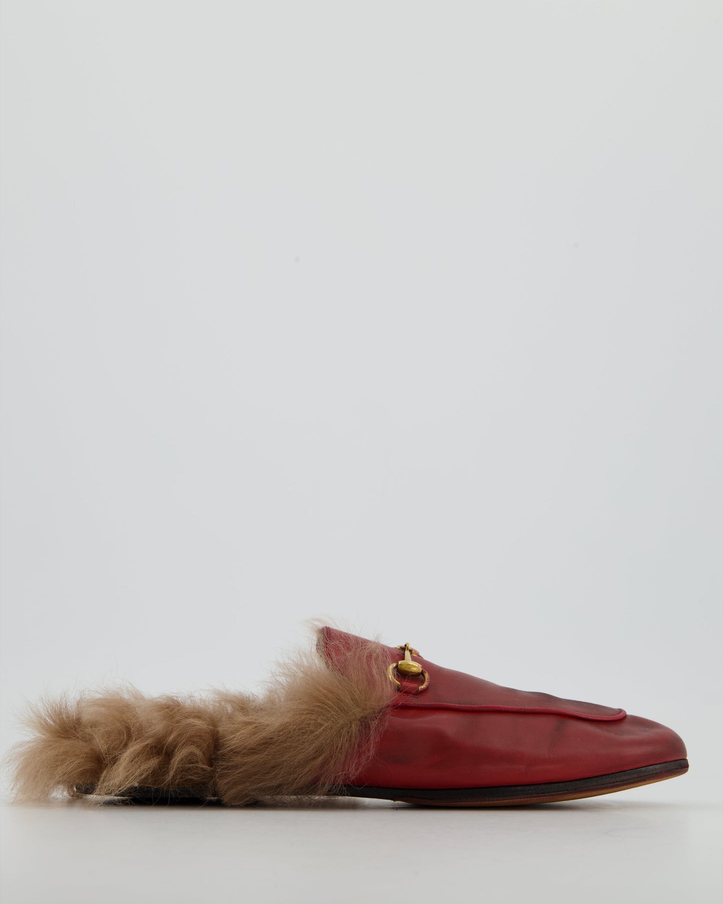 *FIRE PRICE* Luxury Gucci Burgundy Princetown Horsebit Shearling-Lined Leather Backless Loafers Size EU 39  815