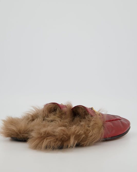 *FIRE PRICE* Luxury Gucci Burgundy Princetown Horsebit Shearling-Lined Leather Backless Loafers Size EU 39  815