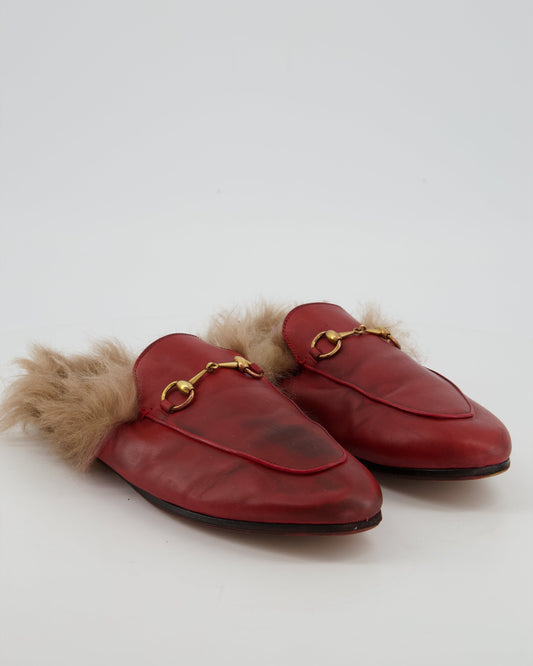 *FIRE PRICE* Luxury Gucci Burgundy Princetown Horsebit Shearling-Lined Leather Backless Loafers Size EU 39  815