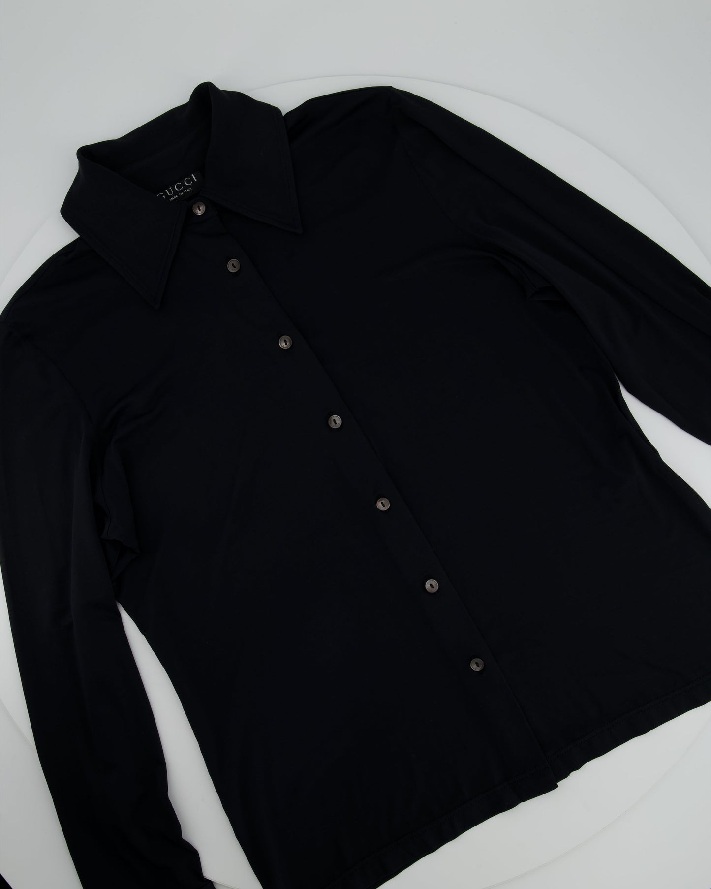 Luxury Gucci Navy Long Sleeve Stretch Shirt with Pearl Button Details IT 42 (UK 10)