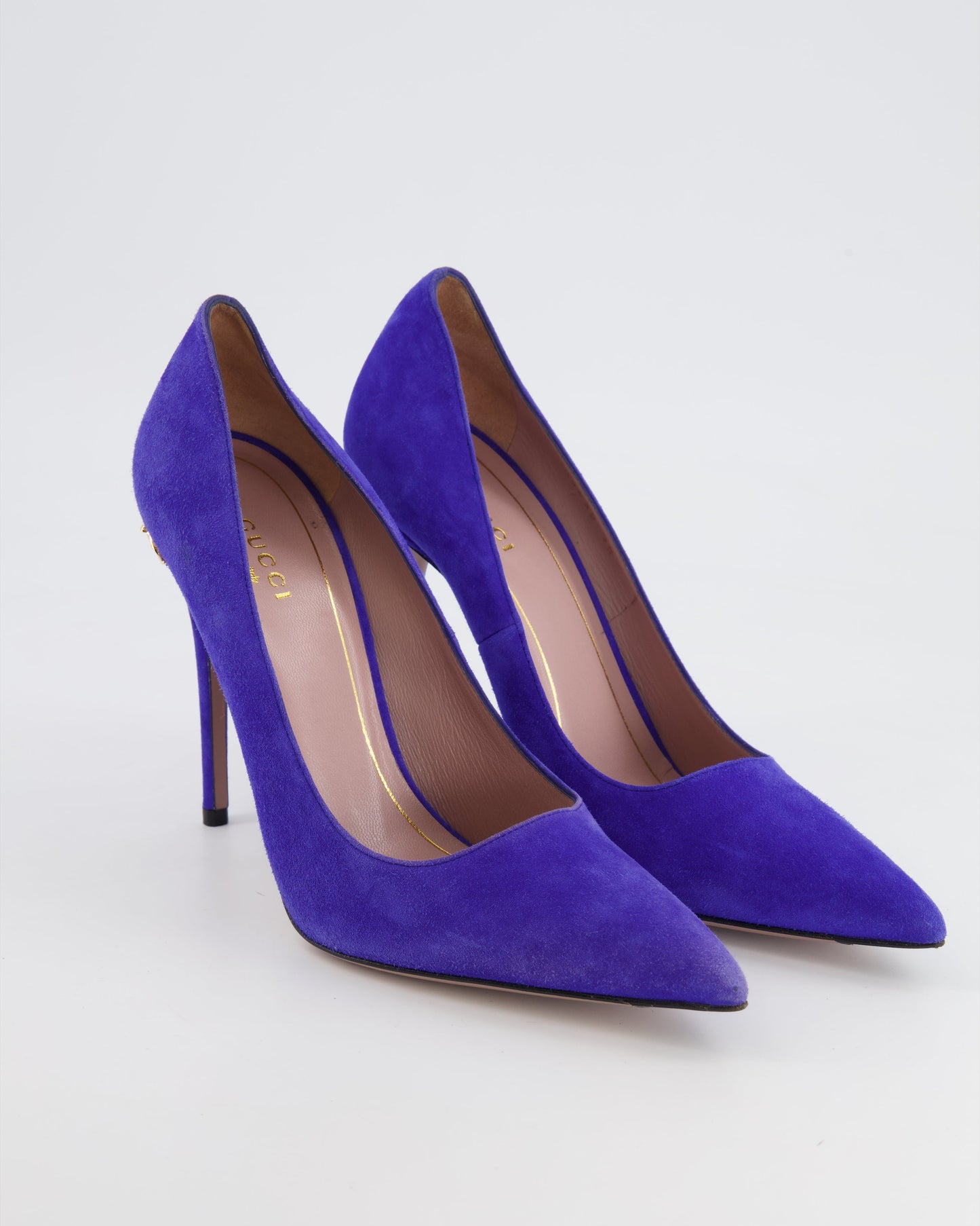 Luxury Gucci Purple Suede Pumps with Gold Logo Detail Size EU 38