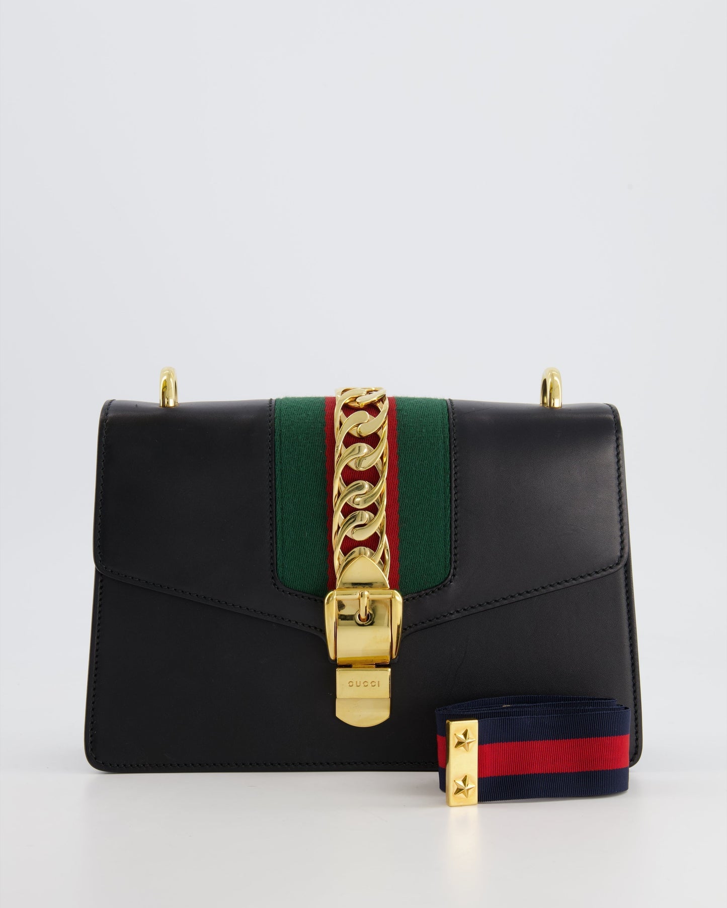 Luxury Gucci Trending 2025 Black Leather Small Sylvie Bag Canvas with Gold Hardware and Canvas Strap