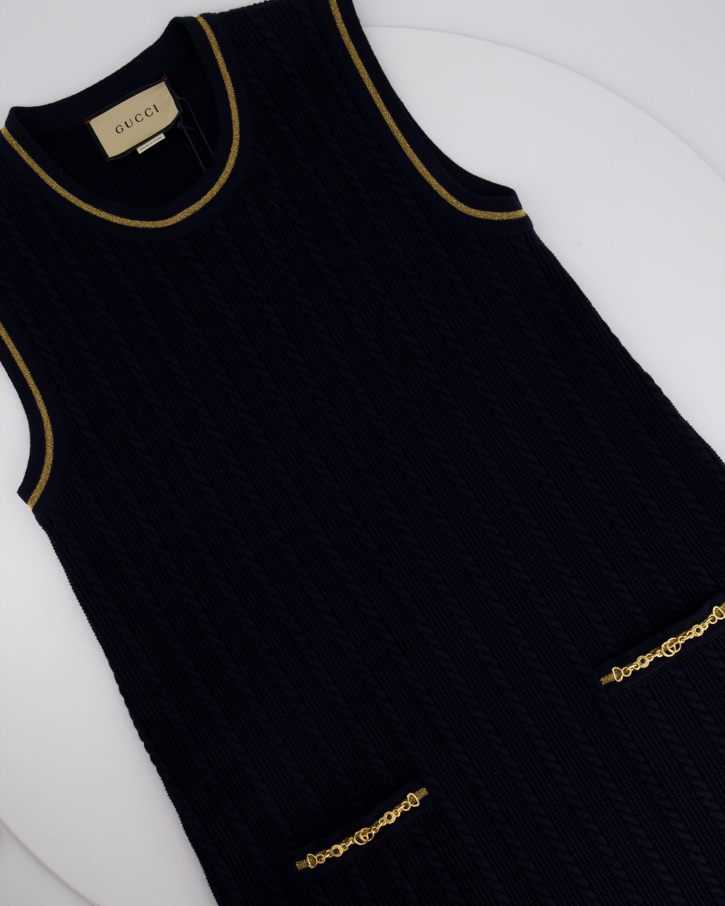 Luxury Gucci Navy Knitted Mini Dress with Gold Chain Pocket Details Size IT S (UK 8)