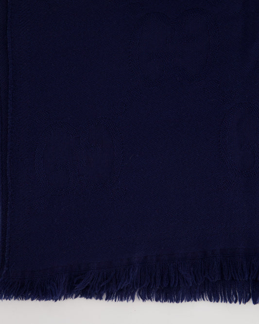 Luxury Gucci Navy Wool Monogram GG Printed Scarf