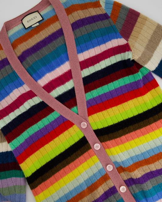 Luxury Gucci Multicoloured Cashmere Cardigan with Metallic Cuff & Collar Detail Size XL (UK 10-14)