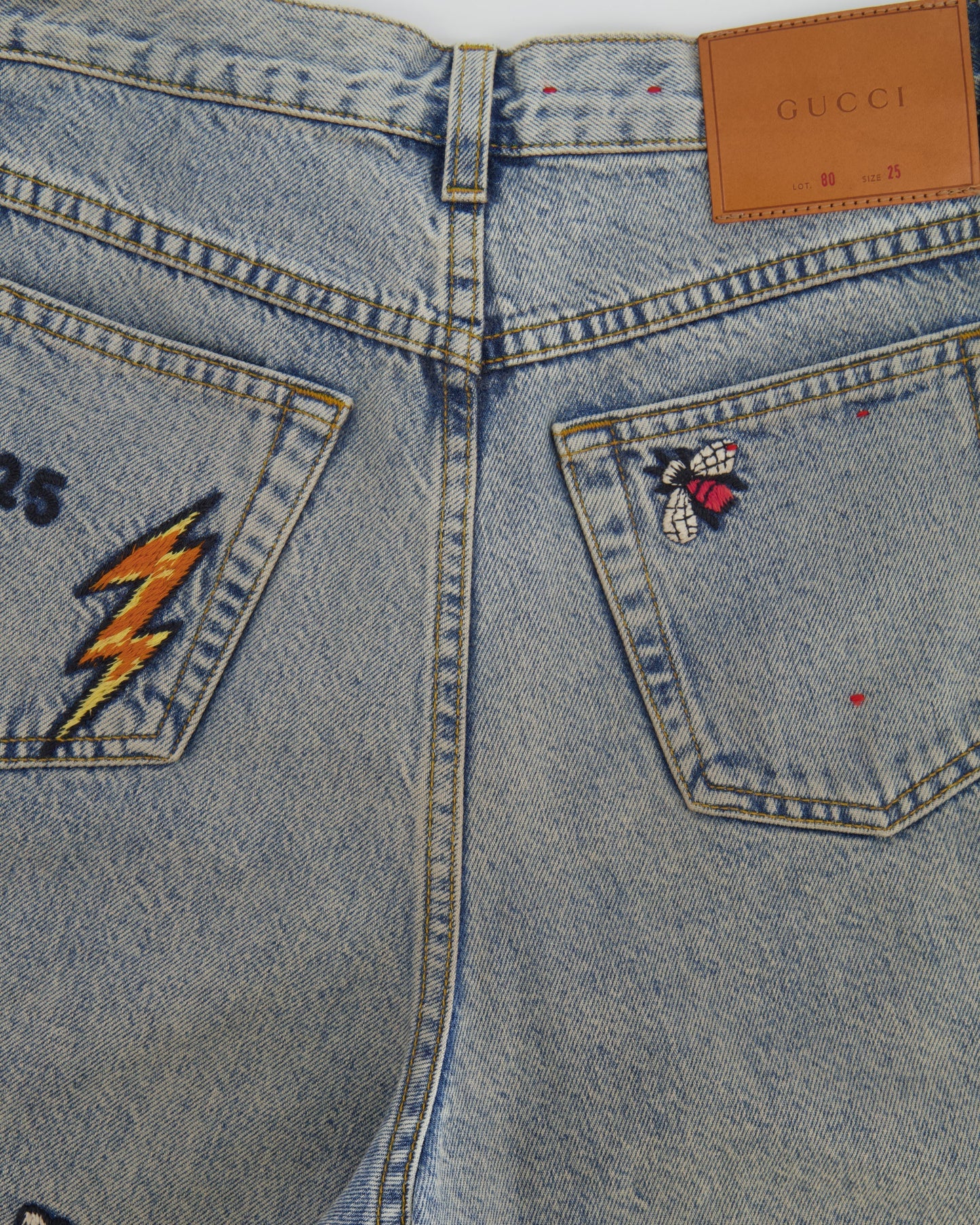 Luxury Gucci Trending 2025 Blue Straight Loved Jeans with Multicolour Embroideries Size 25